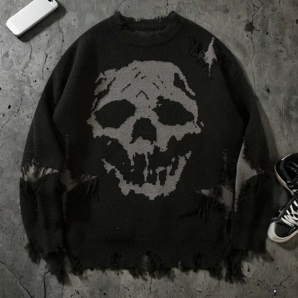 & Other Stories Black Distressed Skull Sweater